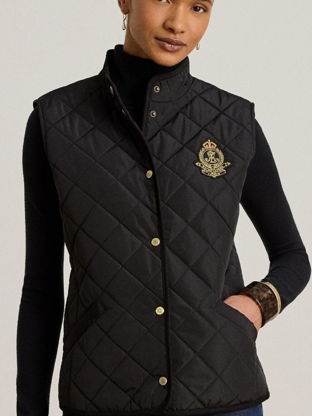 Lauren Ralph Lauren Crest-Patch Quilted Mockneck Vest Black Size L NWT